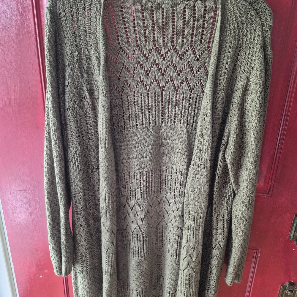 Open-Front Olive Knit Cardigan with Pointelle Stitch - Women's